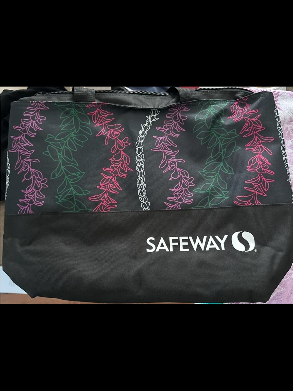 Safeway Hawaiian Floral Tote Bag - Black with Pink, Purple & Green Accents